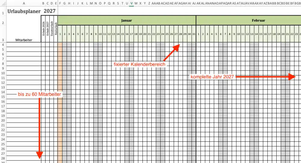 Urlaubsplaner 2027 für 60 Angestellte mit fixierten Bereichen für eine bessere Übersicht (Screenshot der Excel-Vorlage)