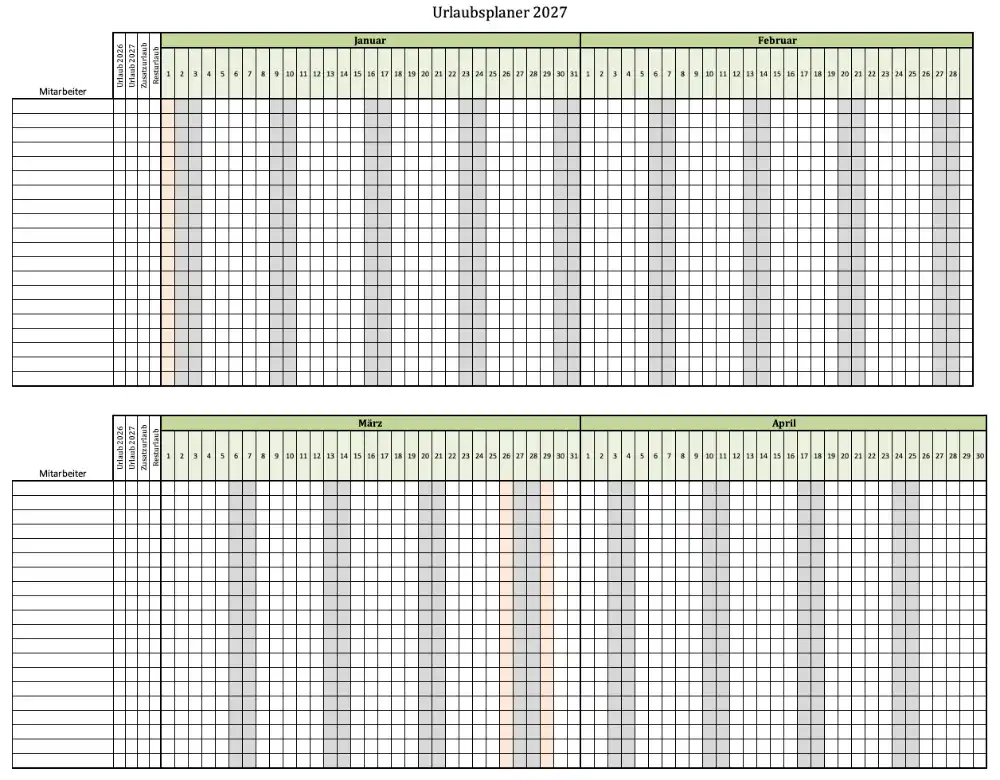 Urlaubsplaner Excel Vorlage für 2027 für 7 Mitarbeiter (Screenshot)
