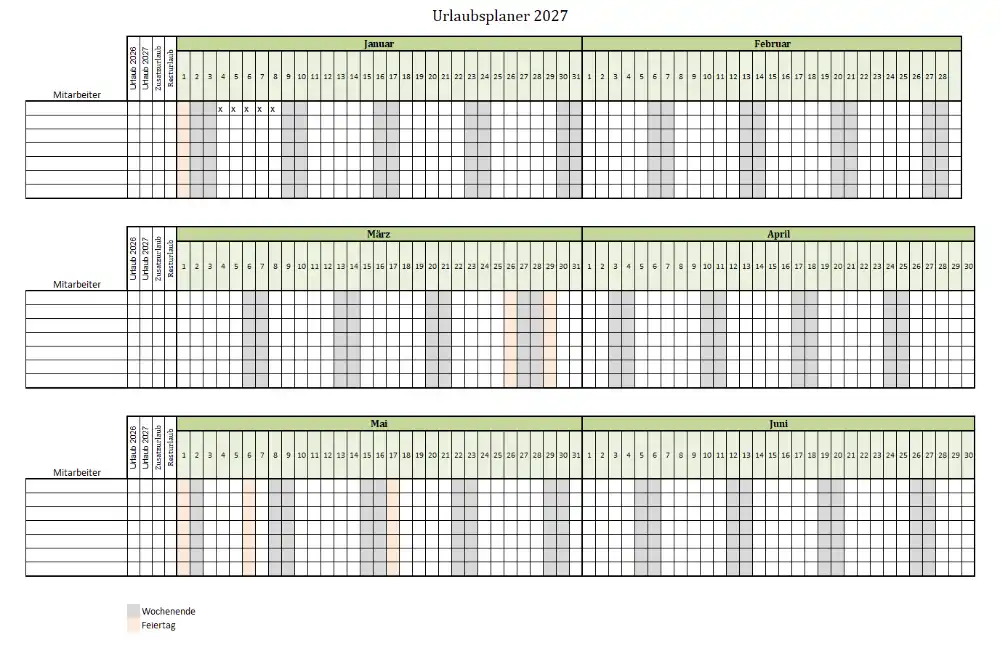 Urlaubsplaner Excel Vorlage für 2027 für 7 Mitarbeiter (Screenshot)