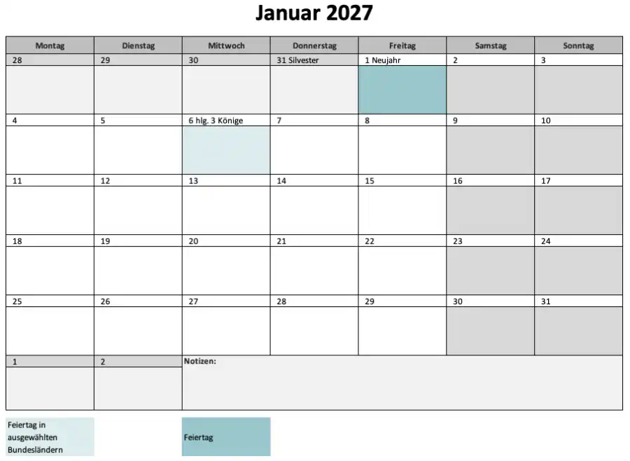 Monatskalender 2027 Excel, PDF oder Google Sheets am Beispiel Januar (Screenshot)
