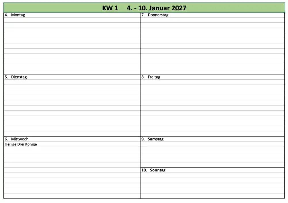 Bildschirmfoto vom Wochenkalender für 2027 als Exceldatei oder PDF.