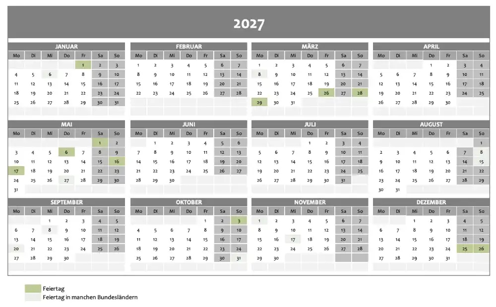 Jahreskalender für 2027 mit Feiertagen als Excel-Vorlage (Screenshot)