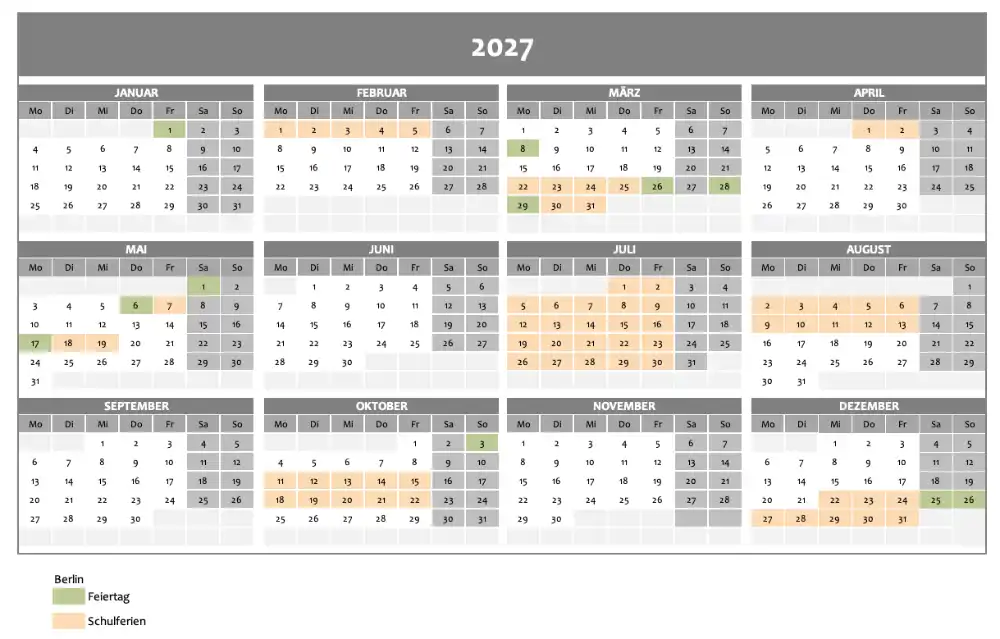Vorschau auf den Jahreskalender 2027 mit Ferien und Feiertagen als Excel-Vorlage am Beispiel Berlin (Screenshot)