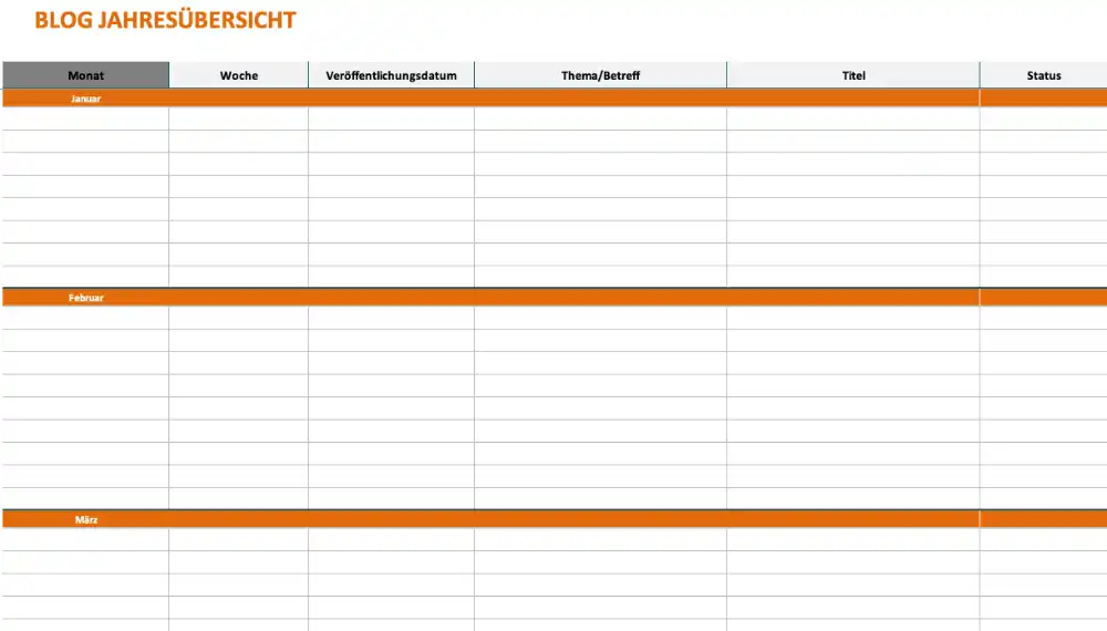 Screenshot vom Tabellenblatt "Blog" mit einer Jahresübersicht aller Blog-Beiträge