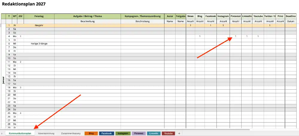 Screenshot vom Redaktionsplan für 2027 als Excel-Vorlage