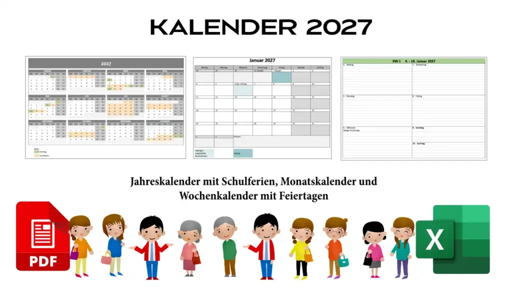 Banner für Jahreskalender mit Schulferien für 2027, Monatskalender und Wochenkalender mit Feiertagen (Excel & PDF)